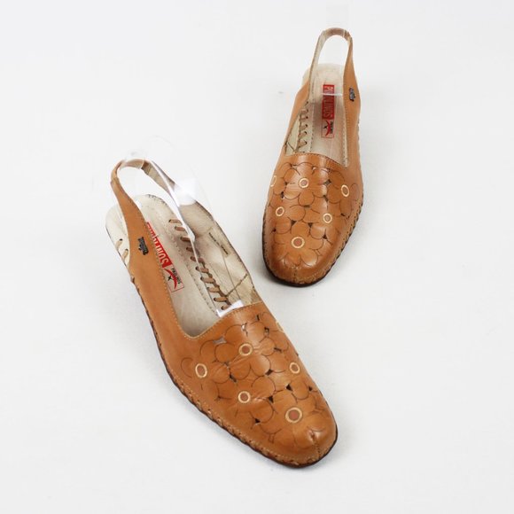 PIKOLINOS Shoes - Pikolinos Tan Floral Pattern Sling-back Leather Shoes